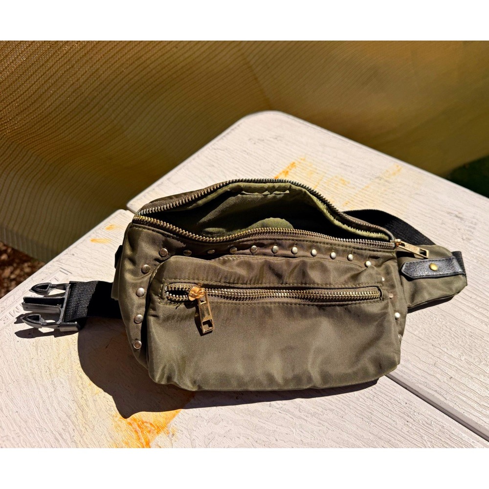 Green Nylon Studded Waist Pack, Zip Closure, 2 Pockets, Adjustable Strap